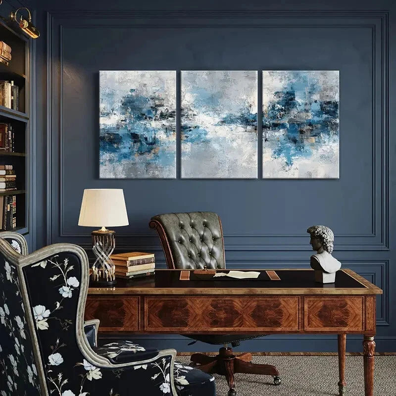 3pcs Modern Abstract Blue & White Textured Metal Print Ready to Hang Art