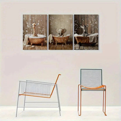 3pcs Adorable Animal Bath Time Metal Print Ready to Hang Art