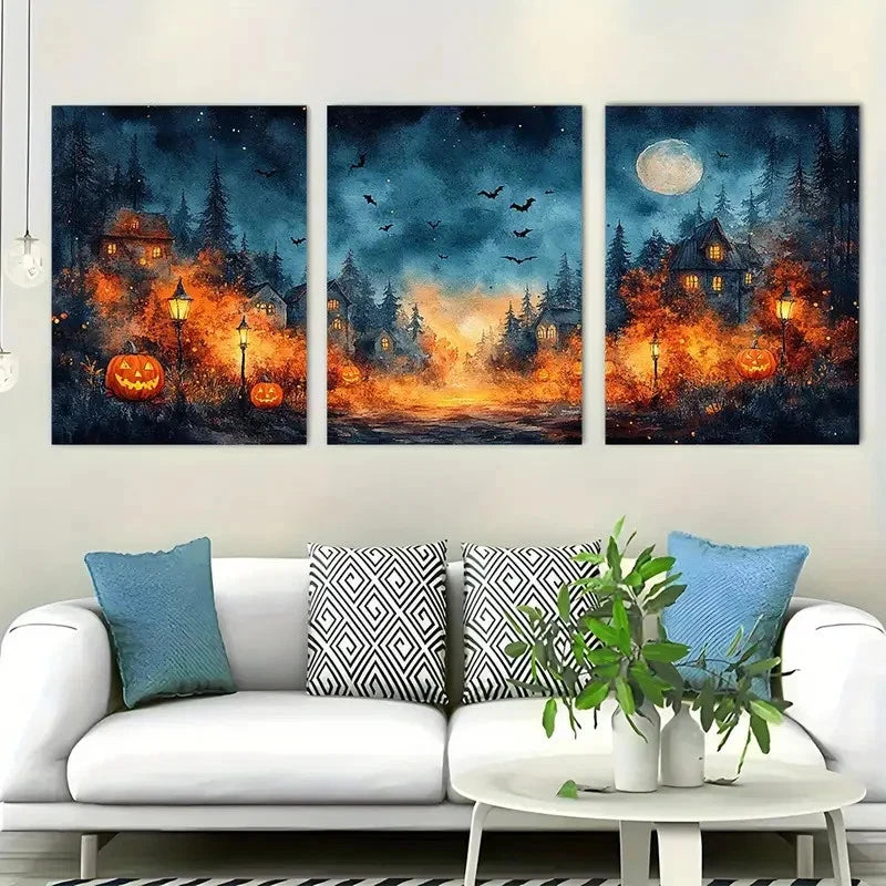 3pcs Halloween Lamp Bat and House Scenery Metal Print Ready to Hang Art