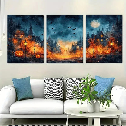 3pcs Halloween Lamp Bat and House Scenery Metal Print Ready to Hang Art