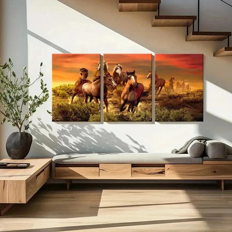 3pcs Horses Running At Sunset Grassland Wall Art Set Canvas Framed 40x60cm - High Quality Print 100% Australian Made Wall Canvas Ready to Hang