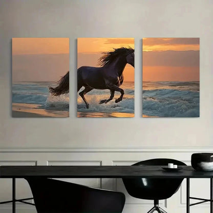 3pcs Majestic Black Horse Galloping Flowing Wildly Metal Print Ready to Hang Art