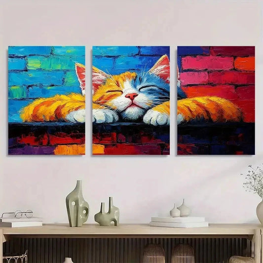 3pcs Sleeping Cat Vibrant Modern Design Metal Print Ready to Hang Art