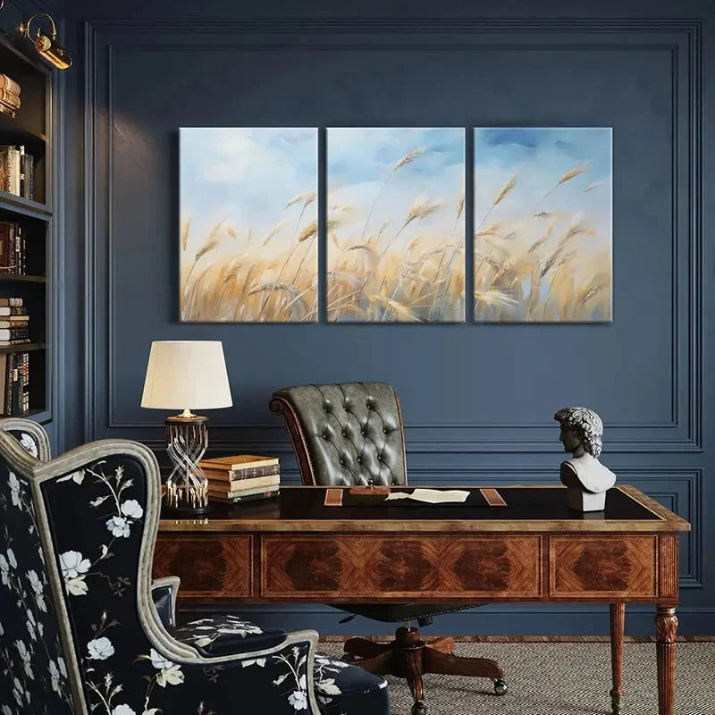 3pcs Golden Wheat Blue Sky Landscape Art Metal Print Ready to Hang Art