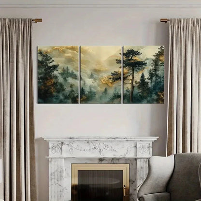3pcs Mystical Forest Golden Cloud Serene Landscape Metal Print Ready to Hang Art