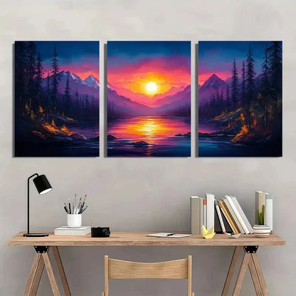 3pcs Mountain Sunset Abstract Forest & Lake Metal Print Ready to Hang Art