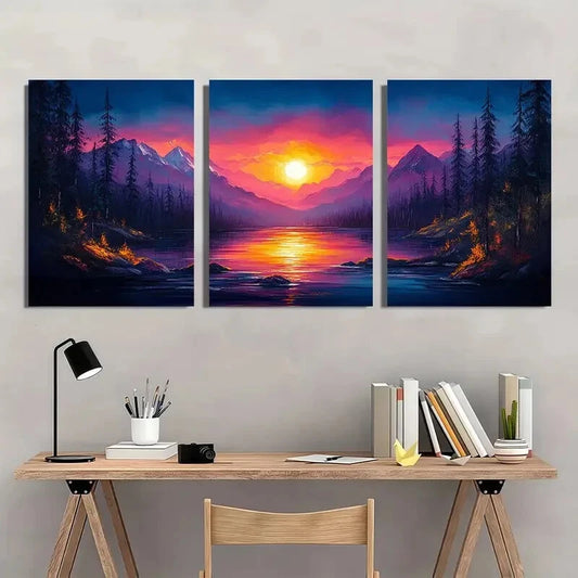 3pcs Mountain Sunset Abstract Forest & Lake Metal Print Ready to Hang Art