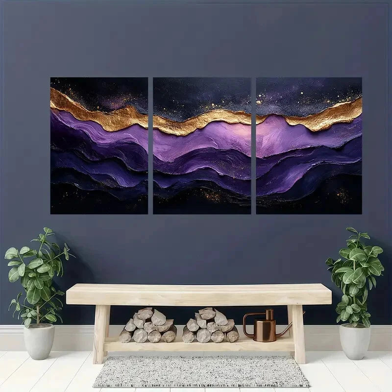 3pcs Abstract Golden Wave Black & Purple Textured Metal Print Ready to Hang Art