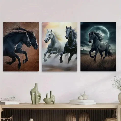 3pcs Galloping Horses Modern Black Wall Art Set Canvas Unframed - High Quality Print 100% Australian Made Wall Canvas