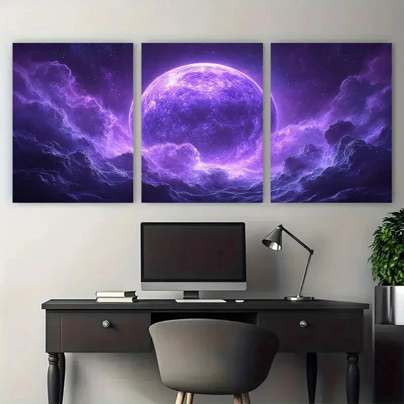 3pcs Purple Planet Cosmic Illustration Wall Art Set Canvas Framed 60x90cm - High Quality Print 100% Australian Made Wall Canvas Ready to Hang