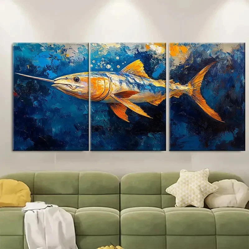 3pcs Swordfish Painting Sea Animals RO Wall Art Set Canvas Framed 50x70cm - High Quality Print 100% Australian Made Wall Canvas Ready to Hang