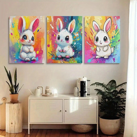 3pcs Cute White Bunny with Vibrant Colorful Metal Print Ready to Hang Art