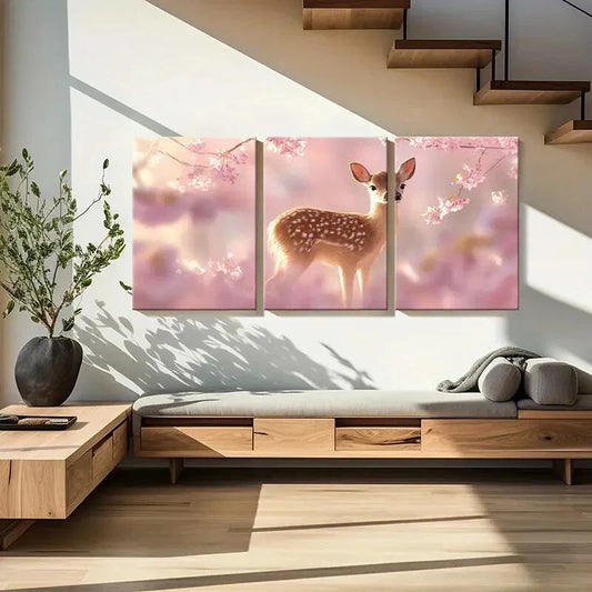 3pcs Enchanted Forest Deer Spring Blossom Nature Metal Print Ready to Hang Art