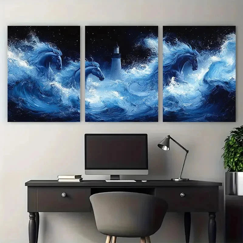 3pcs Raging Sea Horses in Black Blue Lighthouse Metal Print Ready to Hang Art