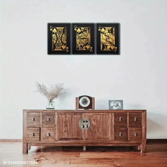 3pcs Elegant Black & Golden Playing Card Art Metal Print Ready to Hang Art