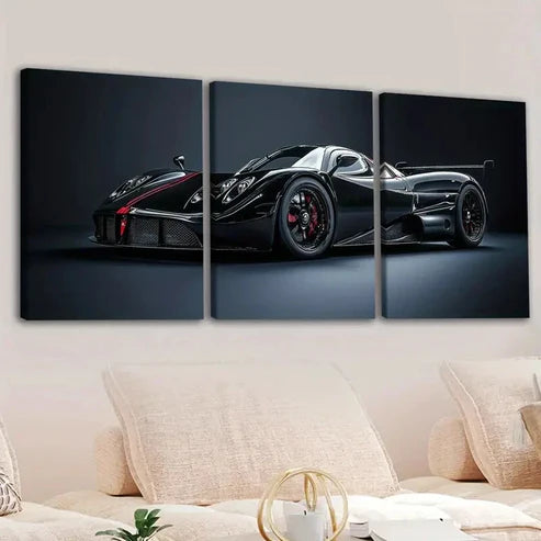 3pcs Abstract Black Cool Sports Car Racing Car Wall Art Set Canvas Unframed - High Quality Print 100% Australian Made Wall Canvas