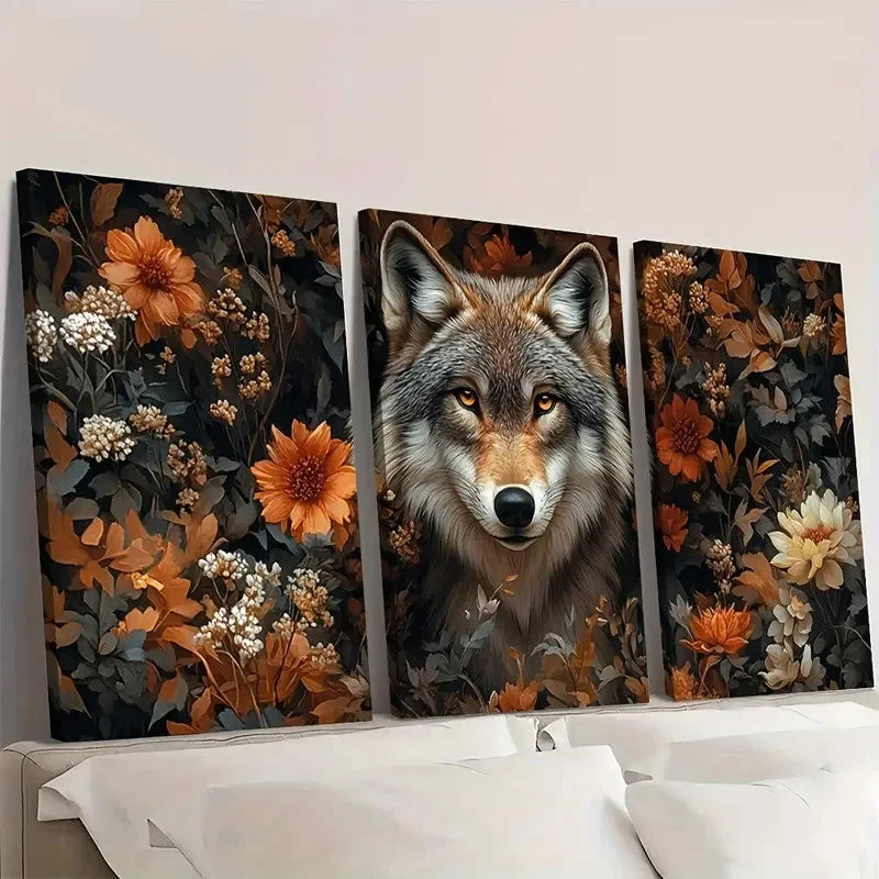 3pcs Wolf and Floral Canvas Art I Wall Art Set Canvas Framed 50x70cm - High Quality Print 100% Australian Made Wall Canvas Ready to Hang