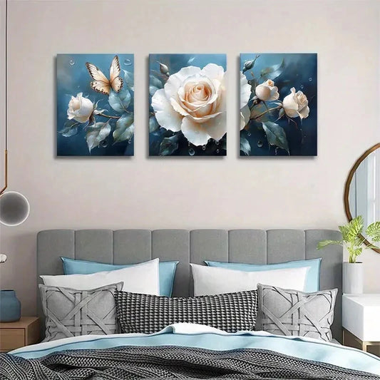 3pcs Elegant White Rose Butterfly Metal Print Ready to Hang Art