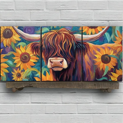 3pcs Sunflowers And Cows Oil Painting Metal Print Ready to Hang Art