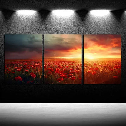 3pcs Vibrant Flower Fields and Sunset Sky Metal Print Ready to Hang Art