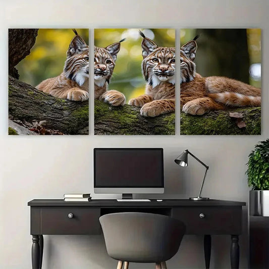 3pcs Eurasian Lynx Playful Scene on Mossy Tree Metal Print Ready to Hang Art