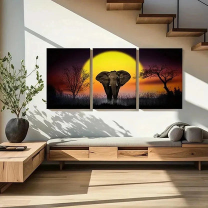 3pcs African Elephant Sunset Modern Wall Art Set Canvas Framed 40x60cm - High Quality Print 100% Australian Made Wall Canvas Ready to Hang