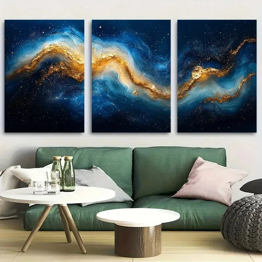 3pcs Cosmic Scene with Golden and Silvery Hues Metal Print Ready to Hang Art
