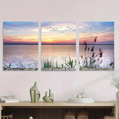 3pcs Beautiful Sunset Lake Serene Water & Duck Metal Print Ready to Hang Art