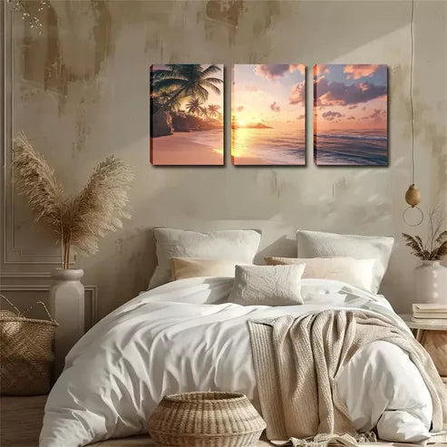 3pcs Coastal Sunset with Coconut Trees Wall Art Canvas Unframed - High Quality Print 100% Australian Made Wall Canvas