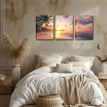 3pcs Coastal Sunset with Coconut Trees Wall Art Canvas Unframed - High Quality Print 100% Australian Made Wall Canvas