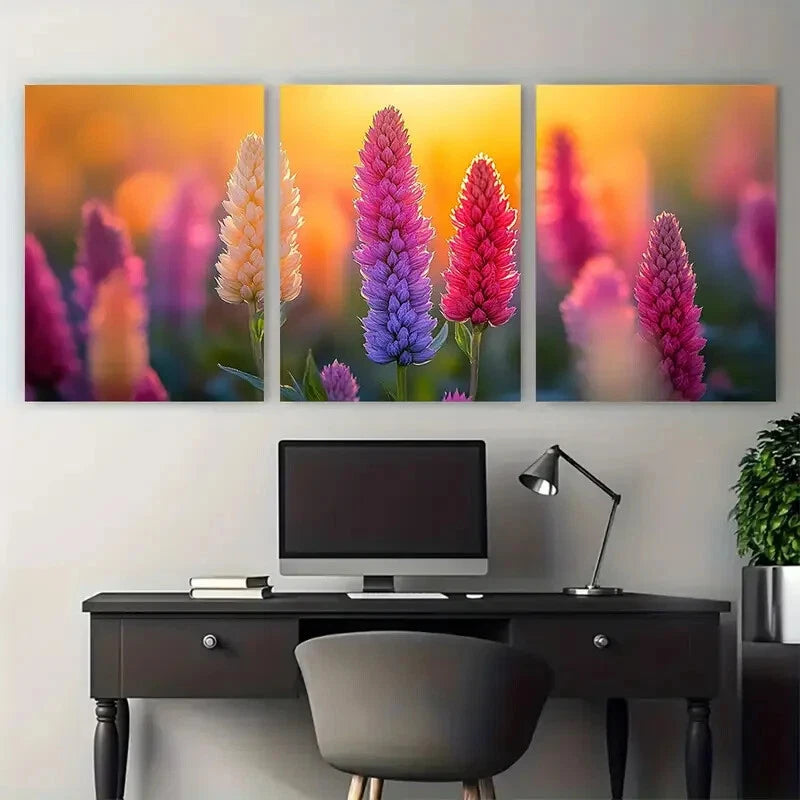 3pcs Vibrant Sunny Field Of Amaranth Flowers Metal Print Ready to Hang Art