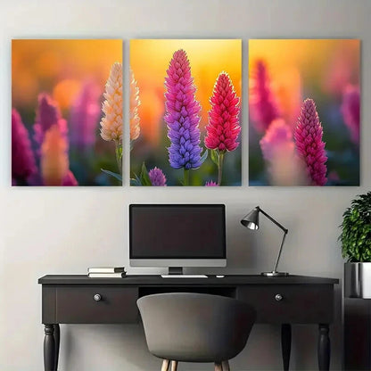 3pcs Vibrant Sunny Field Of Amaranth Flowers Metal Print Ready to Hang Art