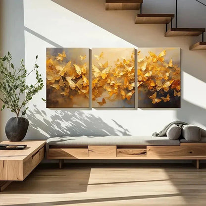 3pcs Abstract Art Gold Foil Butterfly Wall Art Set Canvas Framed 40x60cm - High Quality Print 100% Australian Made Wall Canvas Ready to Hang