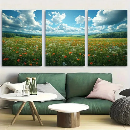 3pcs Rolling Fields with Cloudy Sky Metal Print Ready to Hang Art