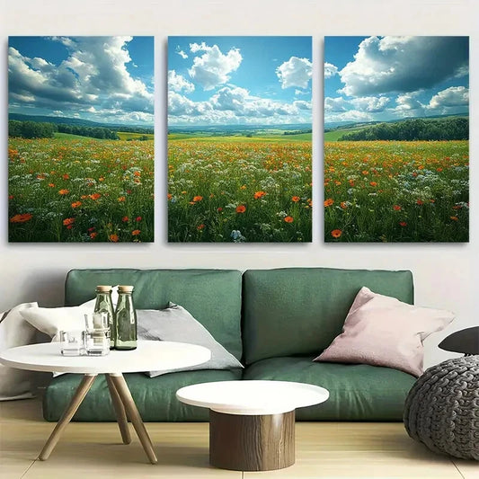 3pcs Rolling Fields with Cloudy Sky Metal Print Ready to Hang Art