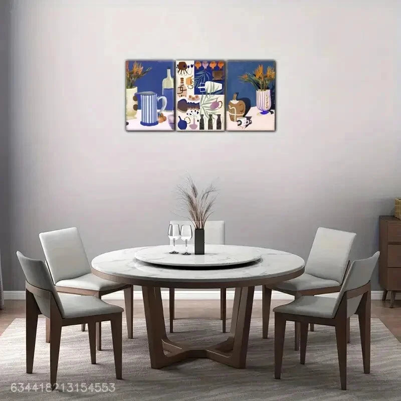 3pcs Elegant Tea Cups Teapots Flowers Vases Metal Print Ready to Hang Art