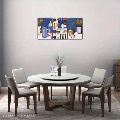 3pcs Elegant Tea Cups Teapots Flowers Vases Metal Print Ready to Hang Art