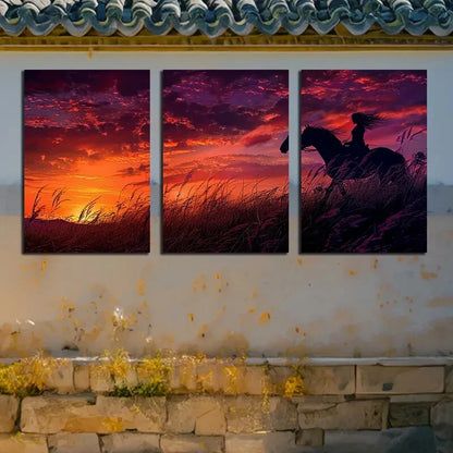 3pcs Horseman Silhouette Sunset Metal Print Ready to Hang Art