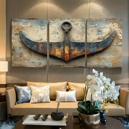 3pcs Boat Anchor Laying On Beach Sand Design Metal Print Ready to Hang Art