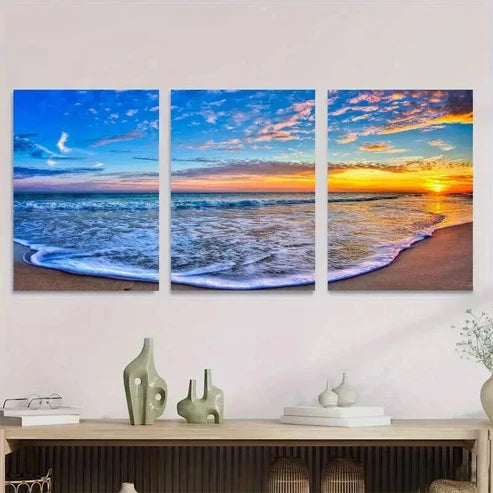 3pcs Beach Sunset Ocean With Dramatic Sky Wall Art Set Canvas Unframed - High Quality Print 100% Australian Made Wall Canvas