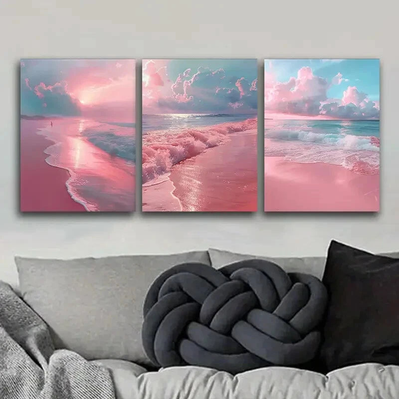 3pcs Set Pink Sandy Beach Canvas Wall Art Metal Print Ready to Hang Art