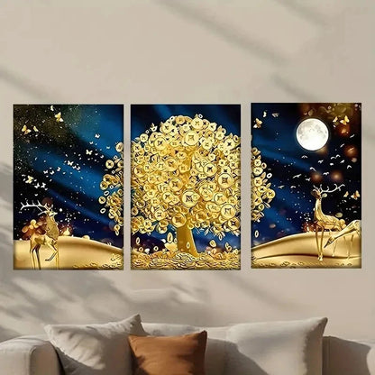 3pcs Golden Tree in Forest Scene with Deer Wall Art Set Canvas Framed 40x60cm - High Quality Print 100% Australian Made Wall Canvas Ready to Hang