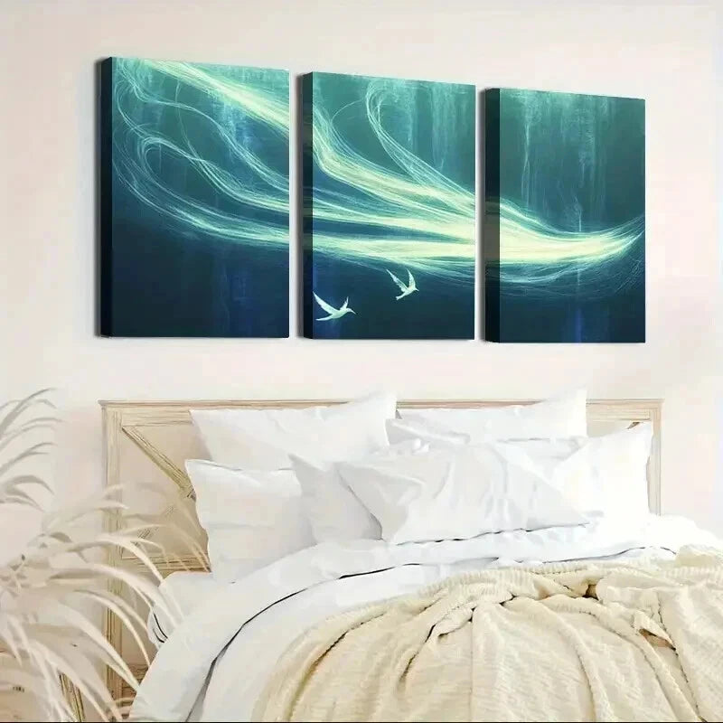 3pcs Blue & Green Swirling Designs with Seagulls Wall Art Set Canvas Framed 40x60cm - High Quality Print 100% Australian Made Wall Canvas Ready to Hang