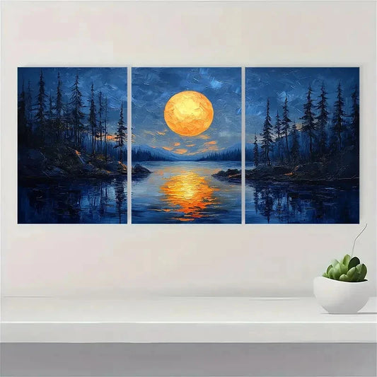 3pcs Abstract Landscape Painting Night Lake Metal Print Ready to Hang Art