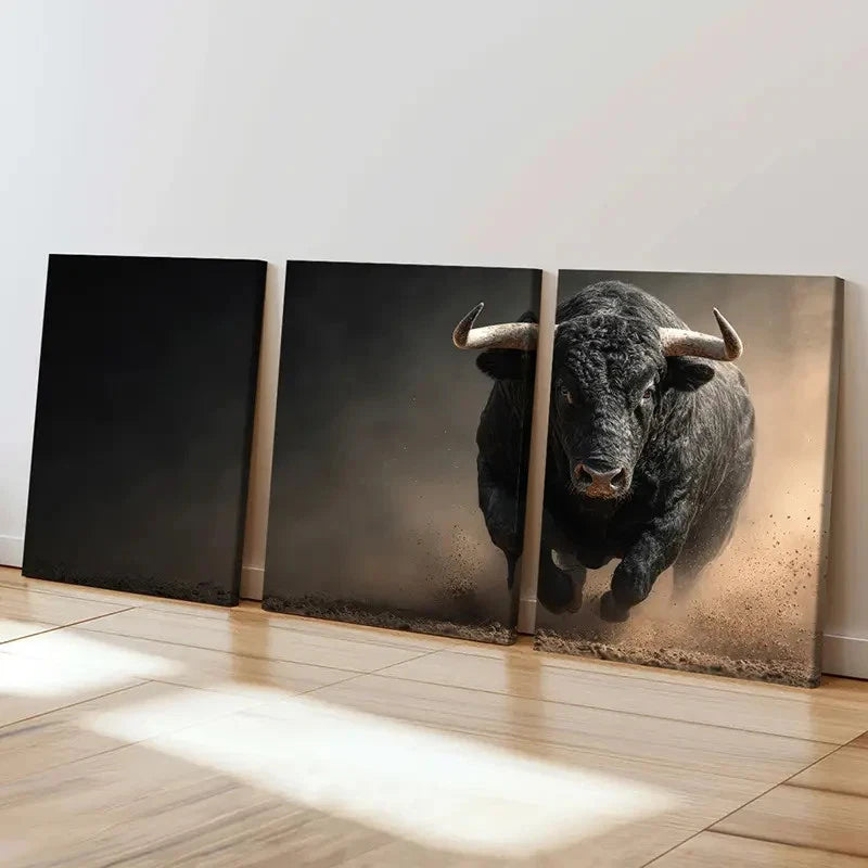 3pcs Black Bull Running Dusty Arena Art Wall Art Set Canvas Framed 50x70cm - High Quality Print 100% Australian Made Wall Canvas Ready to Hang