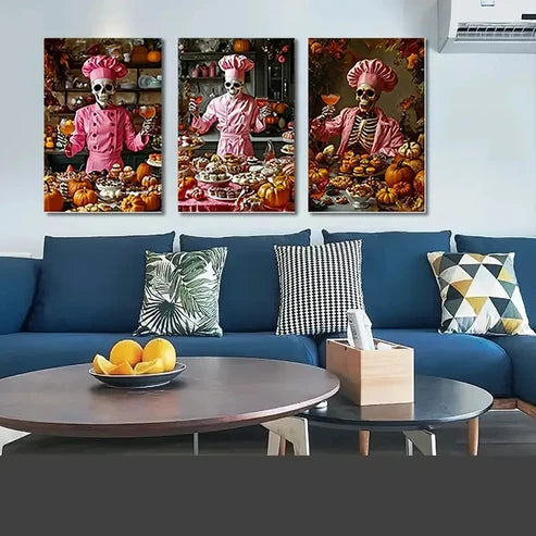 3pcs Whimsical Skeleton Chef Wall Art Set Canvas Unframed - High Quality Print 100% Australian Made Wall Canvas