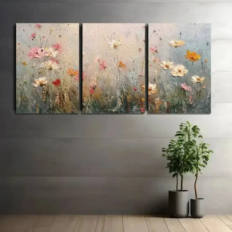 3pcs Vintage Wildflower Meadow in Pastel Metal Print Ready to Hang Art