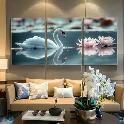 3pcs White Swan with Water Lilies Design Metal Print Ready to Hang Art