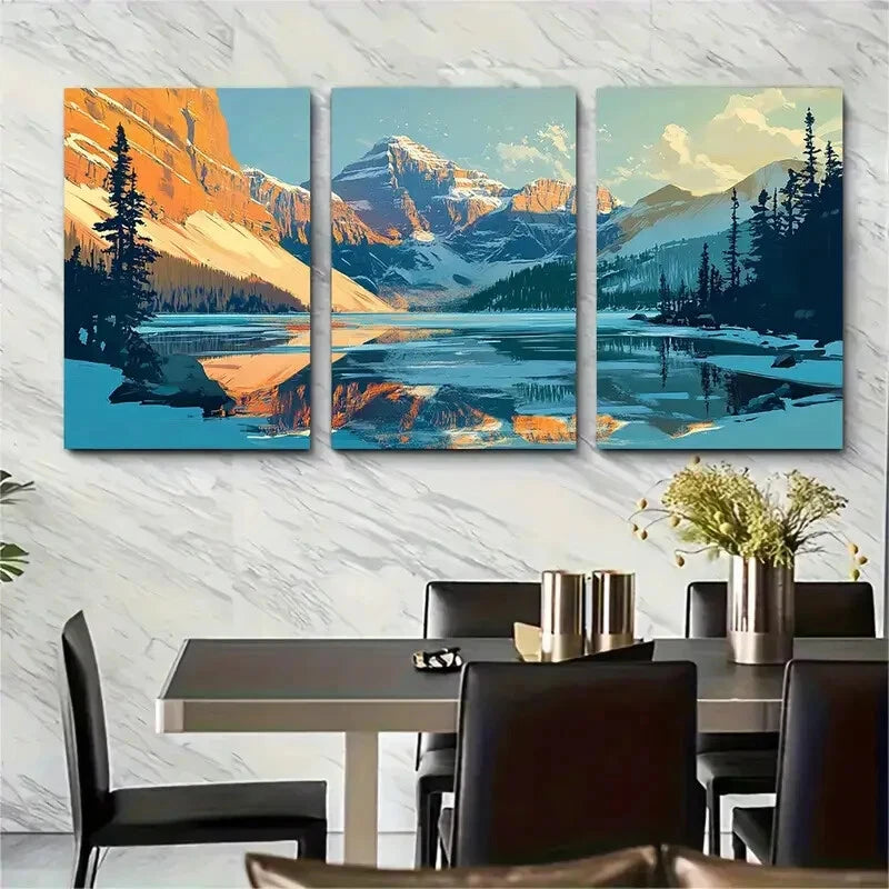 3pcs Vibrant Canadian Landscape Capped Mountains Metal Print Ready to Hang Art