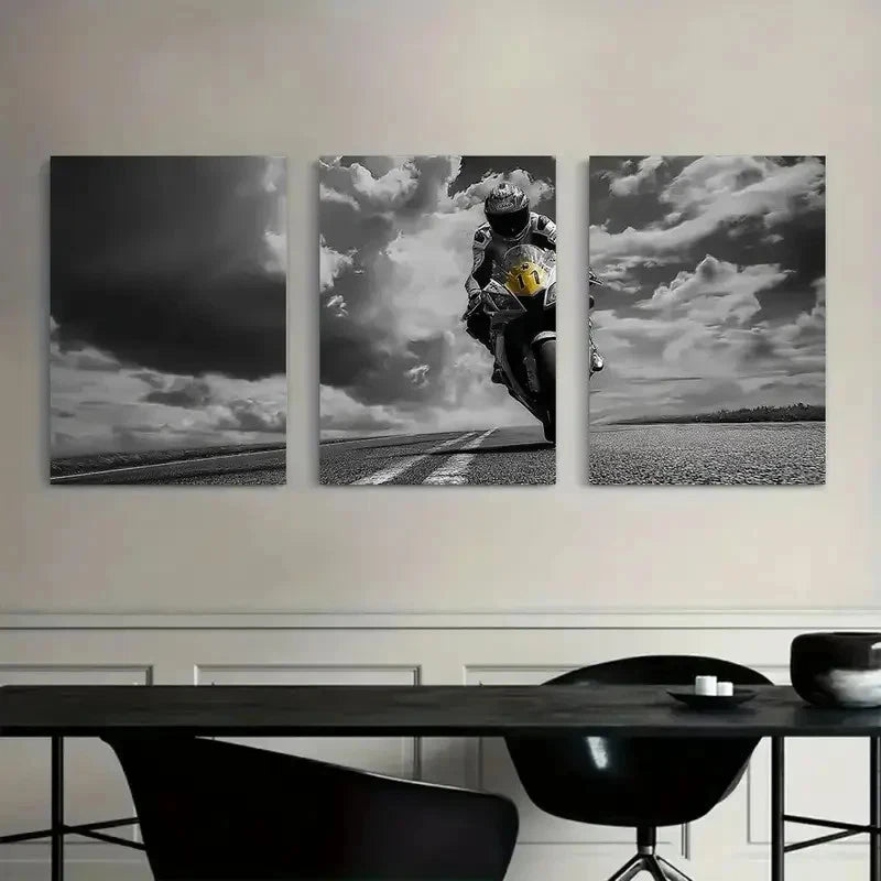 3pcs Black & White Motor Cyclist Art Painting Metal Print Ready to Hang Art